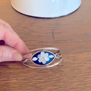 Child’s Alpaca Mexico Silver flower cuff bracelet. Enamel Measures 2” x 1 1/4”